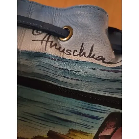 Anna by Anuschka Leather Beach 13x10.5 Crossbody Handbag Hand Painted - Picture 7 of 10